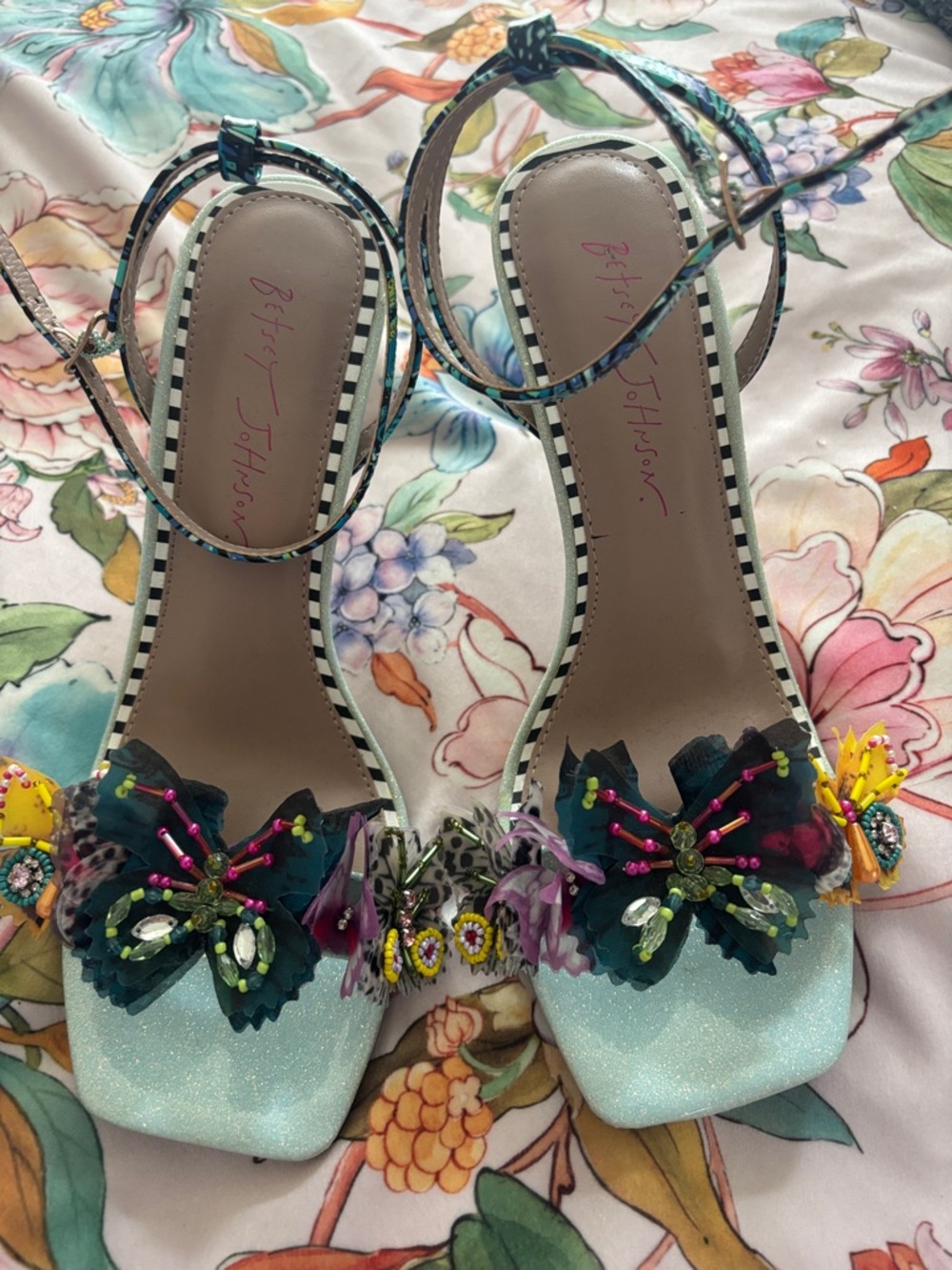 Betsey Johnson Light Blue Floral Butterfly Embellished Ankle-Strap Heels